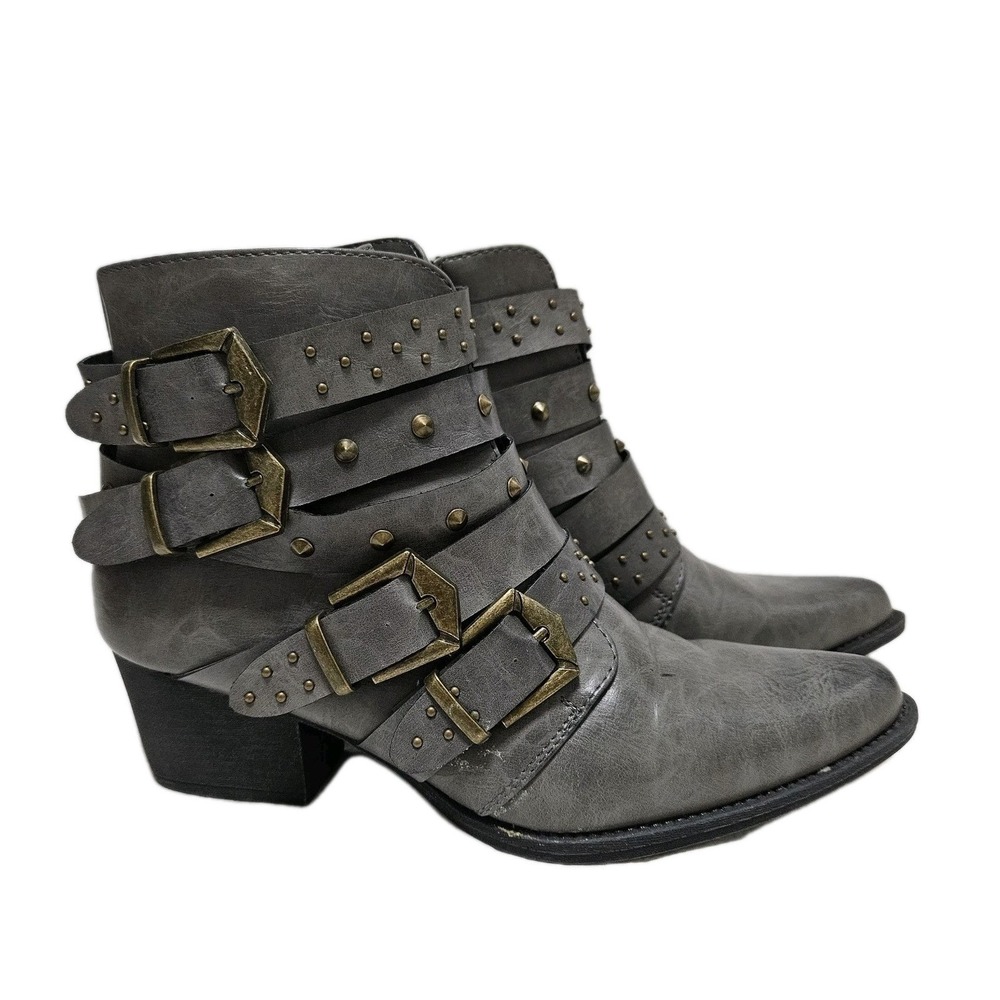 93 Vintage Ankle Boots Womens 6.5 Grey Cara Studded Buckle Moto Western Booties